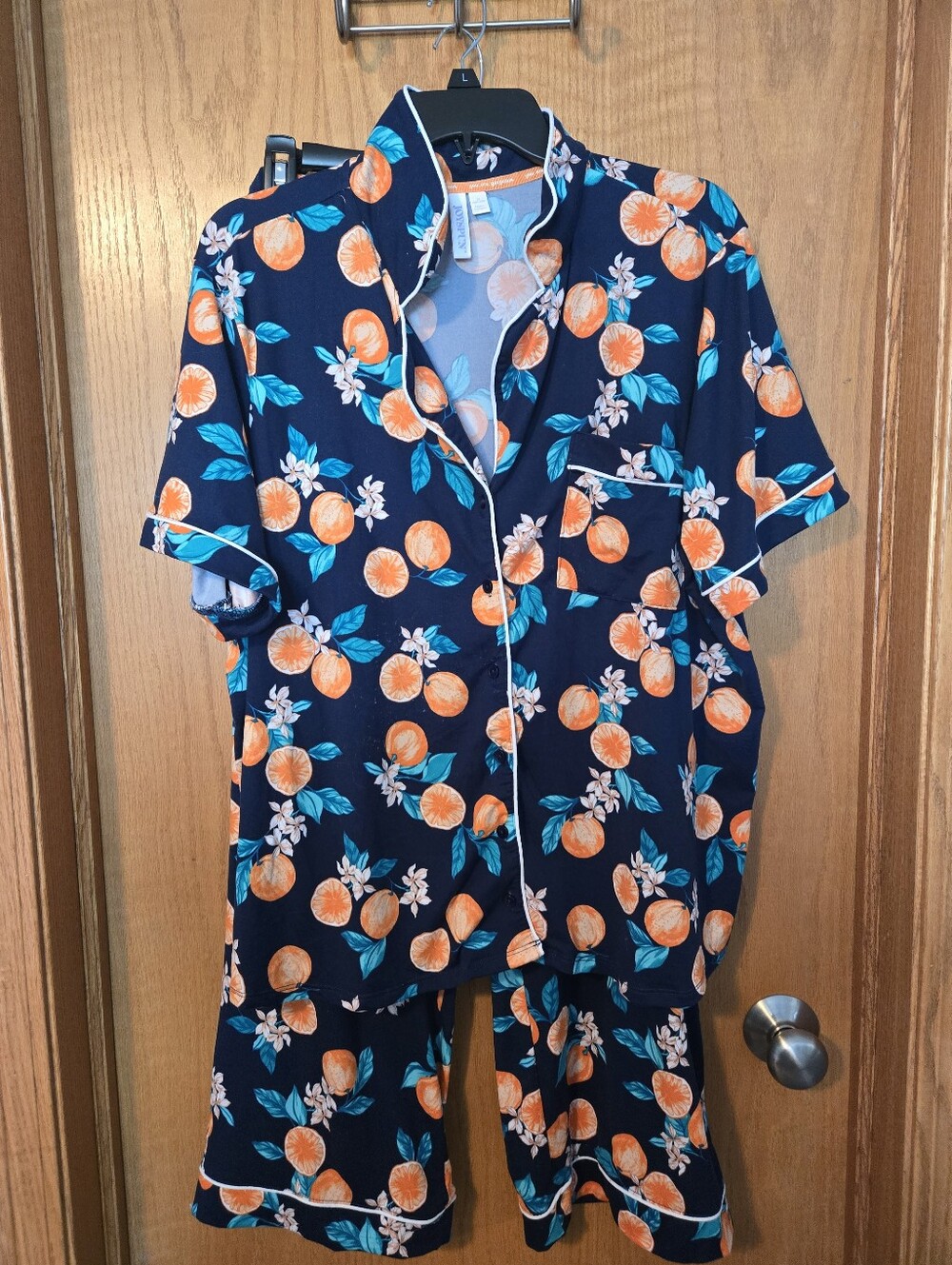 Navy Orange Print Pajama Set - Short Sleeve & Shorts